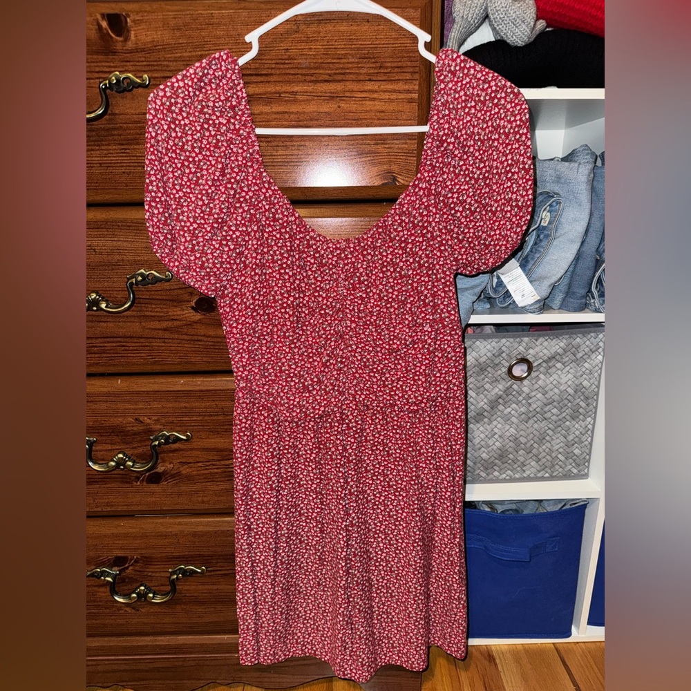 Hollister Red Floral Dress with Puff Sleeves